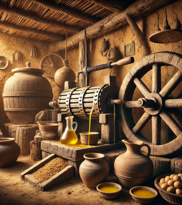 DALL·E 2024-11-28 12.30.18 – A detailed and nostalgic image showcasing traditional oil extraction in a rustic setting. The scene includes an old wooden oil press, large stone grin Here you go, this is an old photo that embodies traditional oil extraction methods, with a touch of nostalgia and the heritage of previous generations.