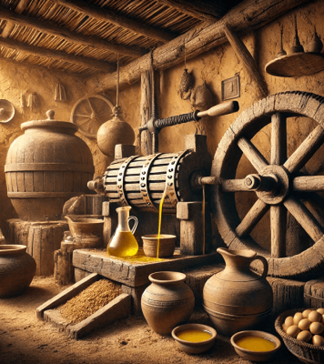 Flavori EL Here you go, this is an old photo that embodies traditional oil extraction methods, with a touch of nostalgia and the heritage of previous generations.